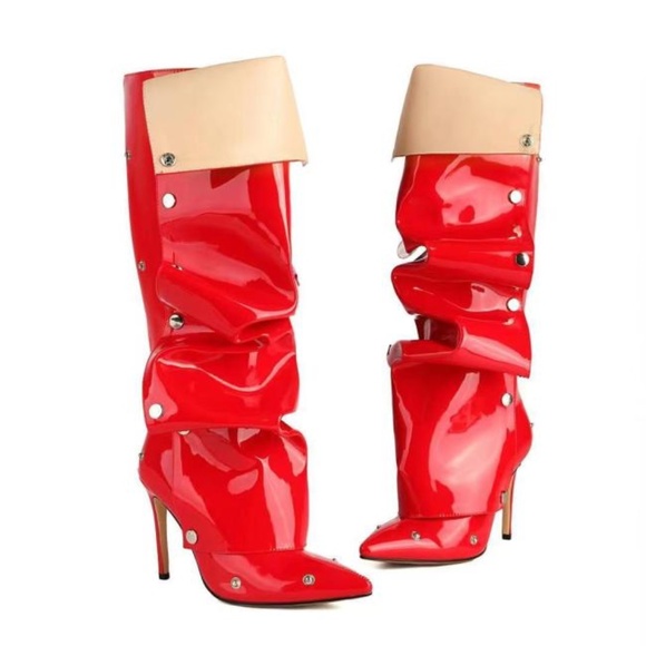 High heeled pointed metal rivet denim patchwork boots - Picture 8 of 16